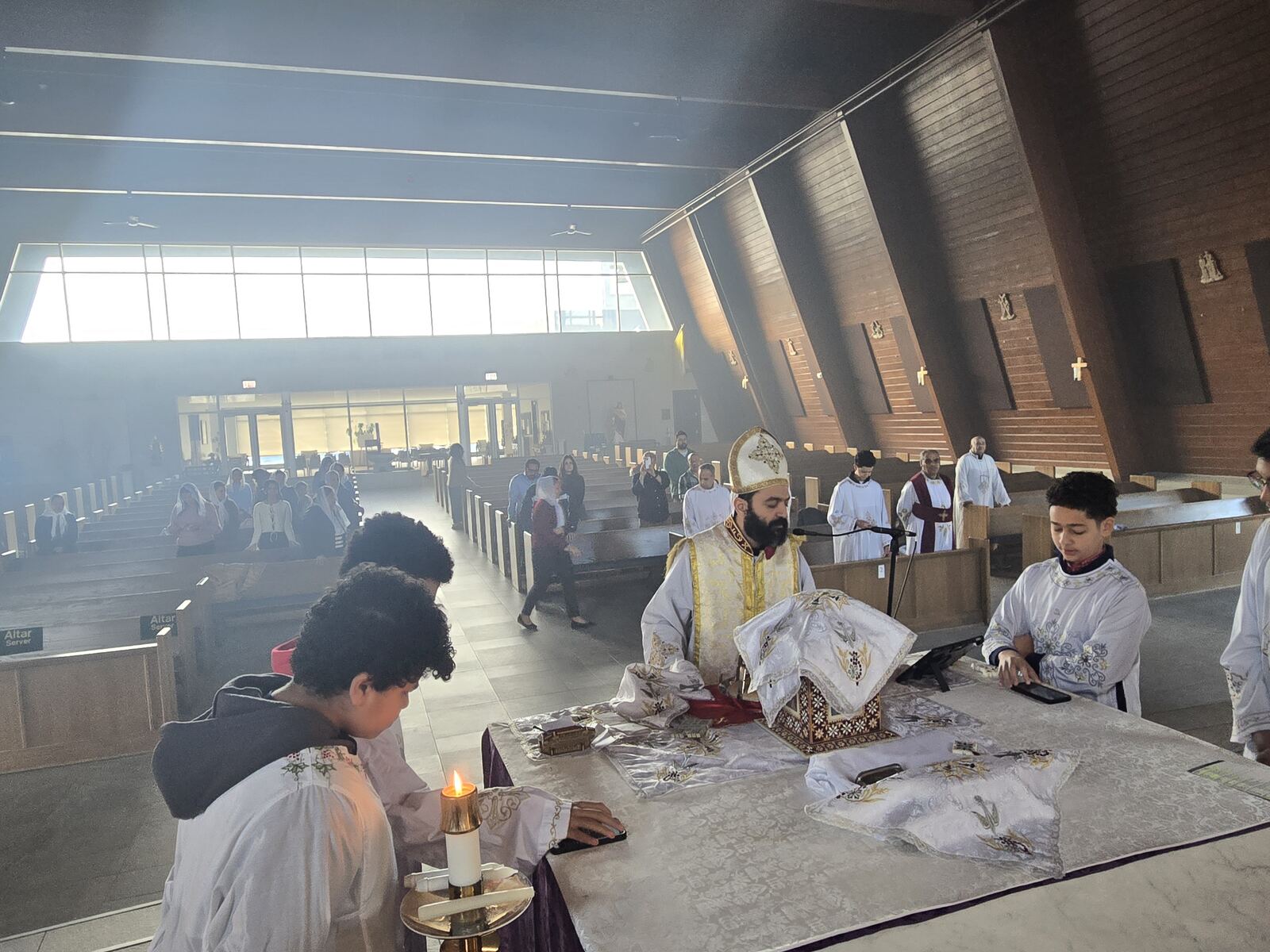Clergy and deacons at the altar during the Divine Liturgy