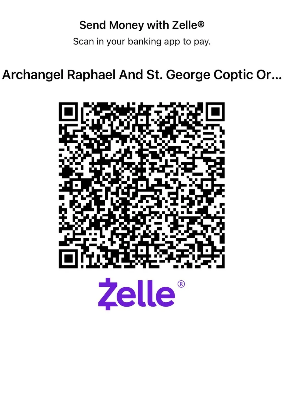 Zelle payment QR code for Archangel Raphael and St. George Coptic Orthodox Church